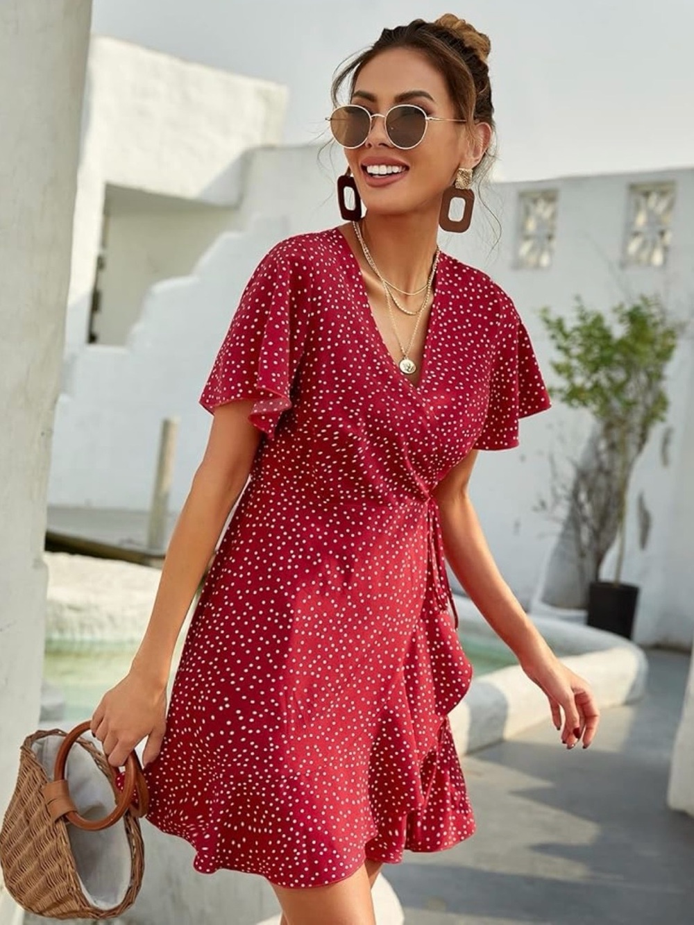 miami Red Polka Dot Wrap Mini Dress